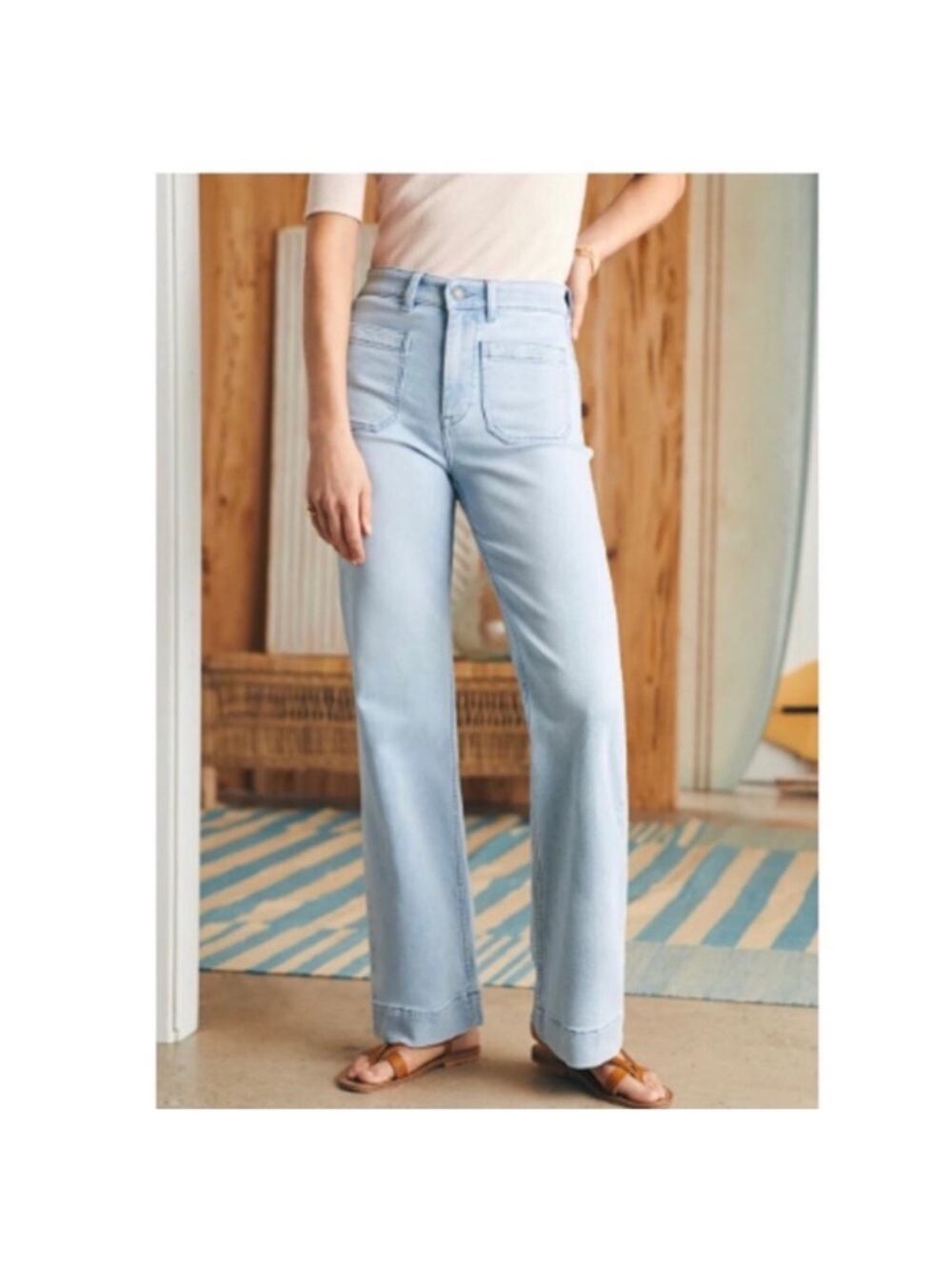 Faherty Jersey Stretch Light Wash High-Rise Patch Pocket Wide-Leg Women’s Jean - Picture 2 of 6